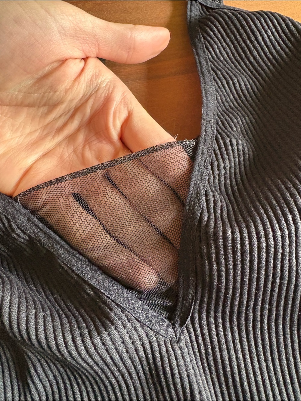 Black Ribbed V-Neck Tank with Sheer Mesh Insert